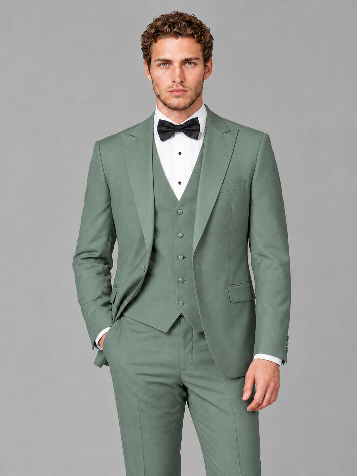 Savile Men's Eucalyptus Peak Lapel 3-Piece Tuxedo Suit | Jacket, Vest & Trousers - Eucalyptus