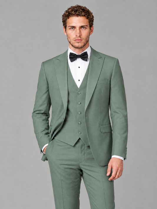 Savile Men's Eucalyptus Peak Lapel 3-Piece Tuxedo Suit | Jacket, Vest & Trousers - Eucalyptus