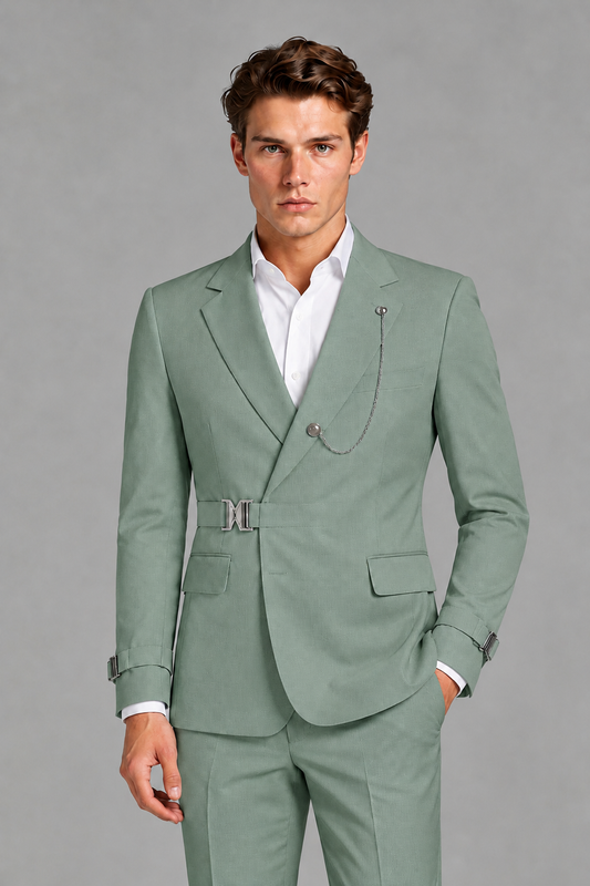 Savile Men's Eucalyptus Buckle-Closure 2-Piece Suit Set | Peak Lapel Blazer & Trousers - Eucalyptus