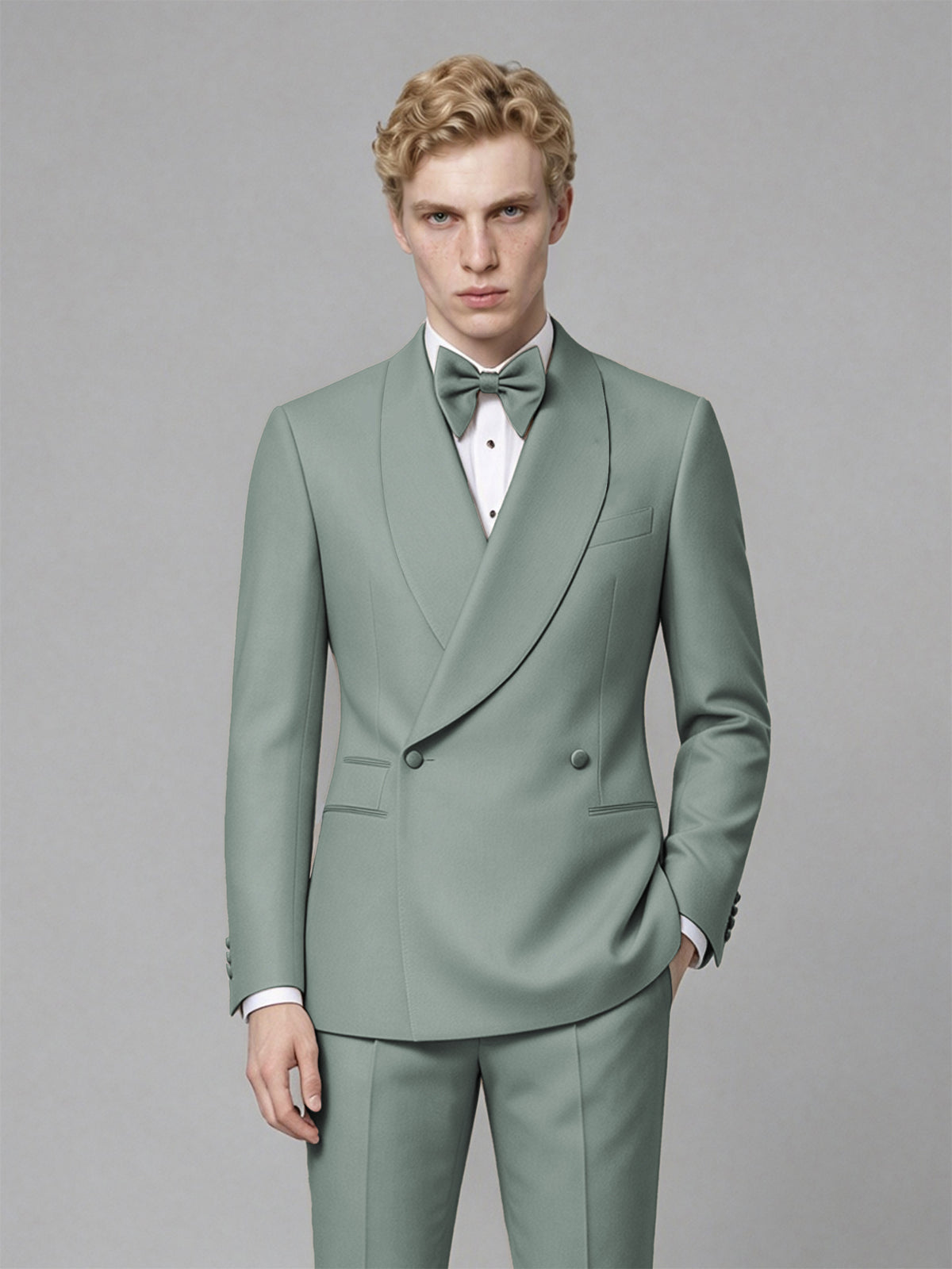 Men's Eucalyptus Single-Button Eucalyptus Satin Shawl Lapel Tuxedo Suit Set | Blazer & Trousers - Eucalyptus