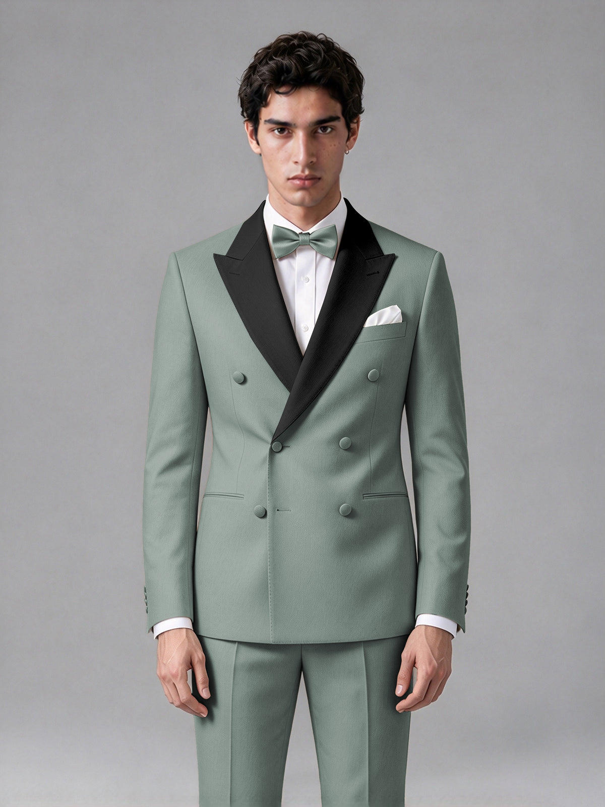 Men's Eucalyptus Double-Breasted Satin Peak Lapel Tuxedo Suit Set (Jacket + Trousers) - Eucalyptus