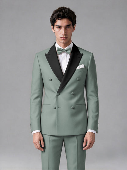 Men's Eucalyptus Double-Breasted Satin Peak Lapel Tuxedo Suit Set (Jacket + Trousers) - Eucalyptus