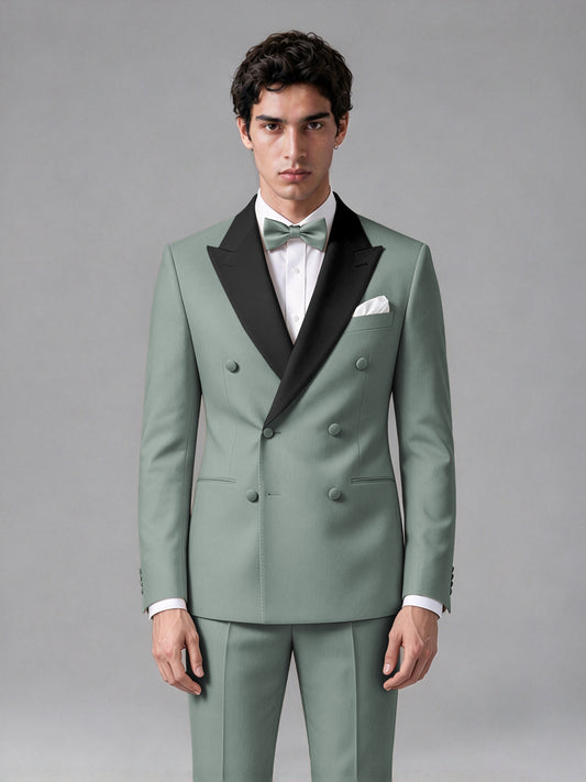 Men's Eucalyptus Double-Breasted Satin Peak Lapel Tuxedo Suit Set (Jacket + Trousers) - Eucalyptus
