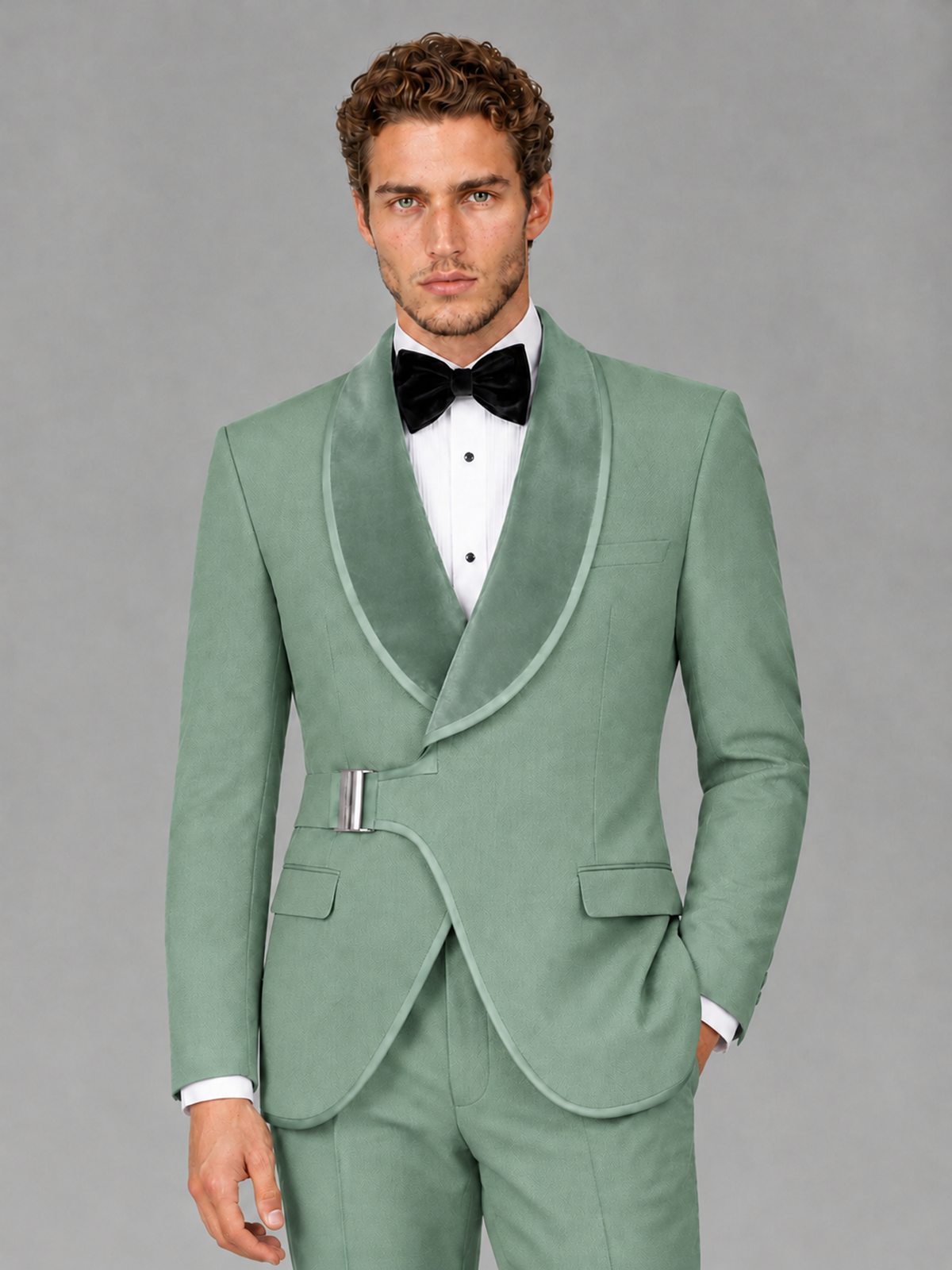 Savile Men's Eucalyptus Velvet Shawl Lapel Tuxedo Suit – Modern Side-Buckle Dinner Jacket & Trousers 2-Piece Set - Eucalyptus