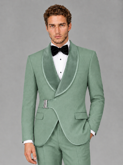 Savile Men's Eucalyptus Velvet Shawl Lapel Tuxedo Suit – Modern Side-Buckle Dinner Jacket & Trousers 2-Piece Set - Eucalyptus