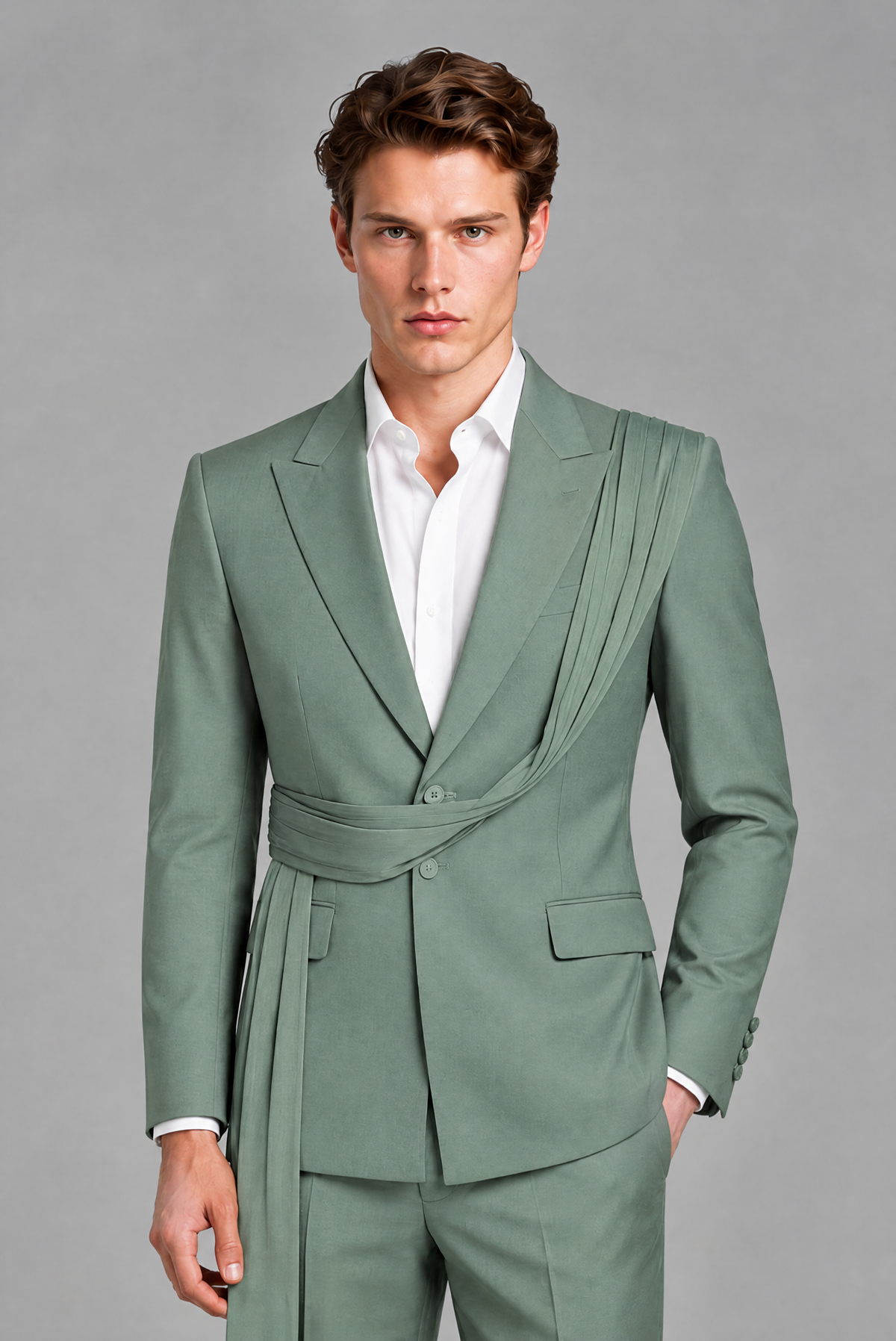 Men's Eucalyptus Draped Sash Suit – Peak Lapel 2-Piece Slim Fit Party, Gala & Wedding Set - Eucalyptus