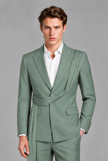 Men's Eucalyptus Draped Sash Suit – Peak Lapel 2-Piece Slim Fit Party, Gala & Wedding Set - Eucalyptus