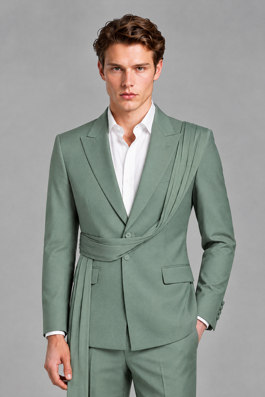 Men's Eucalyptus Draped Sash Suit – Peak Lapel 2-Piece Slim Fit Party, Gala & Wedding Set - Eucalyptus