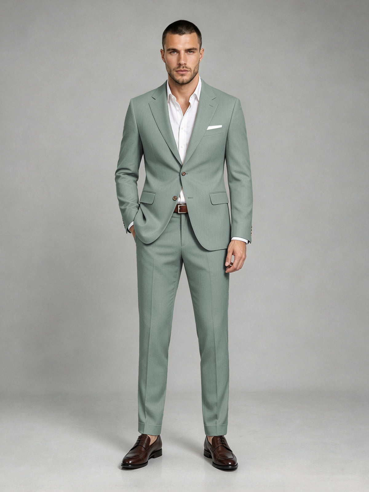 Savile Men's Dark Eucalyptus Wool-Blend 2-Piece Suit Set – Two-Button Notch Lapel Slim-Fit Blazer & Turn-Up Trousers - Eucalyptus