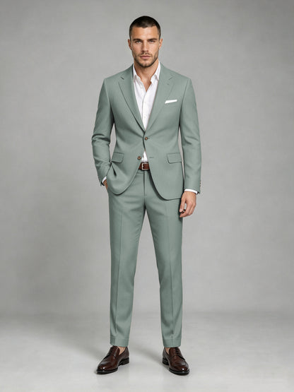 Savile Men's Dark Eucalyptus Wool-Blend 2-Piece Suit Set – Two-Button Notch Lapel Slim-Fit Blazer & Turn-Up Trousers - Eucalyptus
