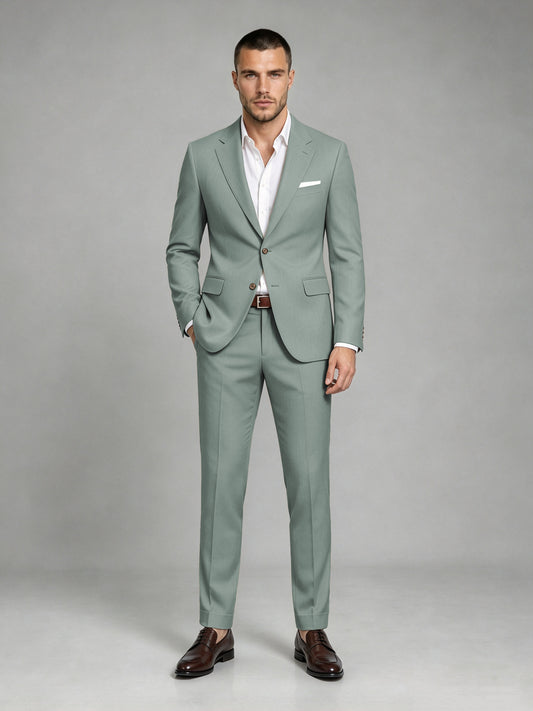 Savile Men's Dark Eucalyptus Wool-Blend 2-Piece Suit Set – Two-Button Notch Lapel Slim-Fit Blazer & Turn-Up Trousers - Eucalyptus
