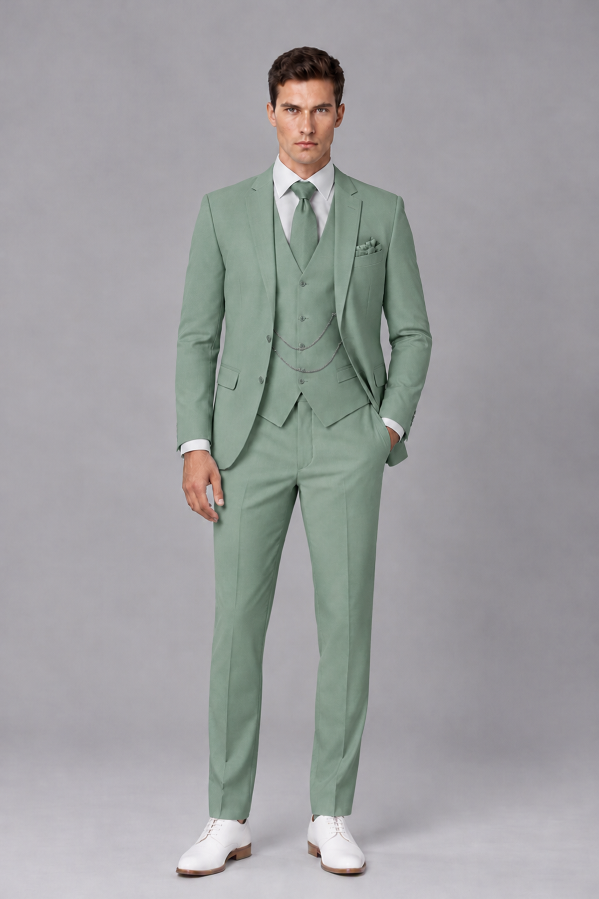 Savile Eucalyptus 3-Piece Suit with Notch Lapel & Chain Vest - Eucalyptus