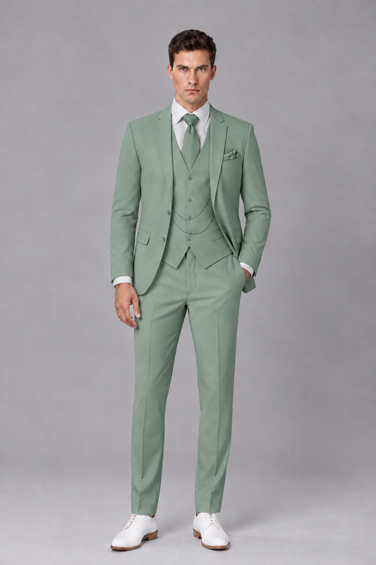 Savile Eucalyptus 3-Piece Suit with Notch Lapel & Chain Vest - Eucalyptus