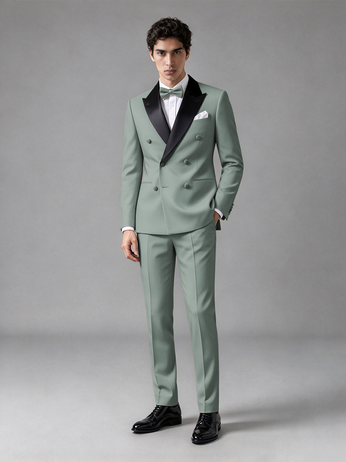 Men's Eucalyptus Double-Breasted Satin Peak Lapel Tuxedo Suit Set (Jacket + Trousers) - Eucalyptus