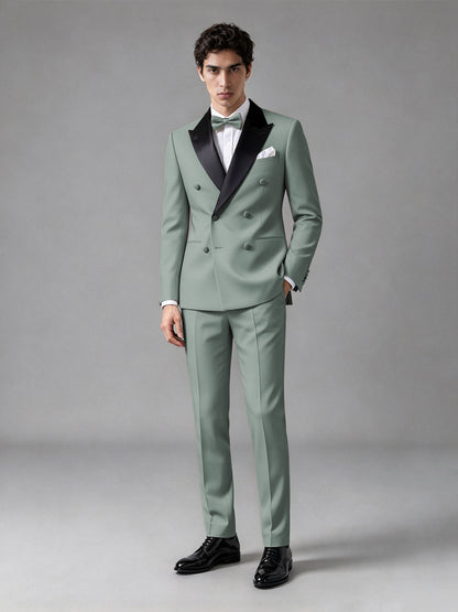Men's Eucalyptus Double-Breasted Satin Peak Lapel Tuxedo Suit Set (Jacket + Trousers) - Eucalyptus