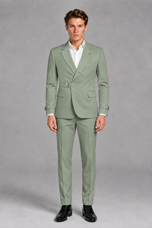 Savile Men's Eucalyptus Buckle-Closure 2-Piece Suit Set | Peak Lapel Blazer & Trousers - Eucalyptus