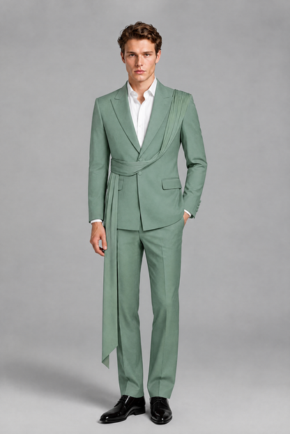 Men's Eucalyptus Draped Sash Suit – Peak Lapel 2-Piece Slim Fit Party, Gala & Wedding Set - Eucalyptus