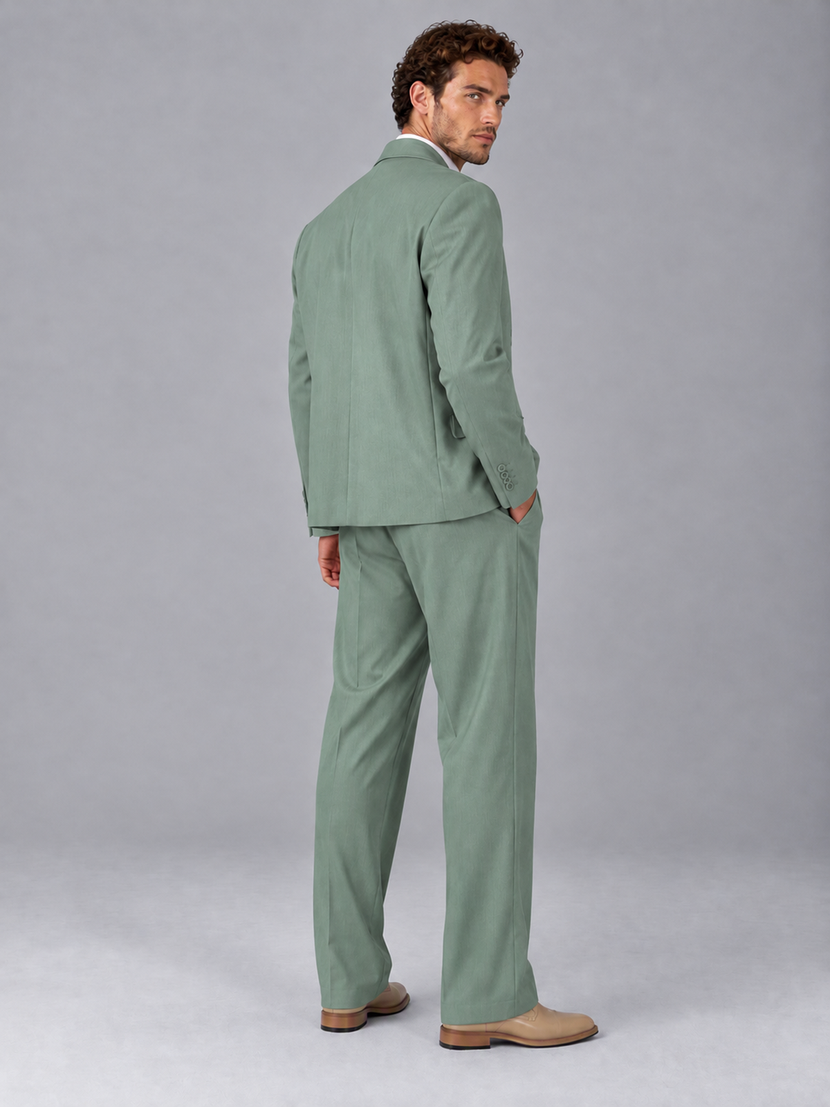 Savile Eucalyptus Beige Double-Breasted 2-Piece Suit with Peak Lapel - Eucalyptus