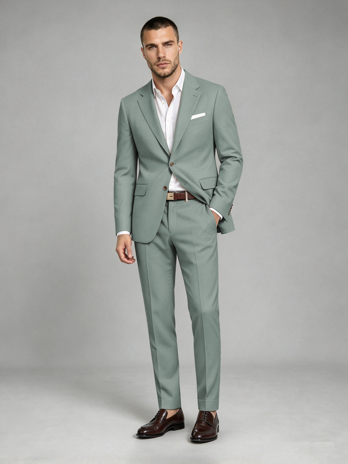 Savile Men's Dark Eucalyptus Wool-Blend 2-Piece Suit Set – Two-Button Notch Lapel Slim-Fit Blazer & Turn-Up Trousers - Eucalyptus