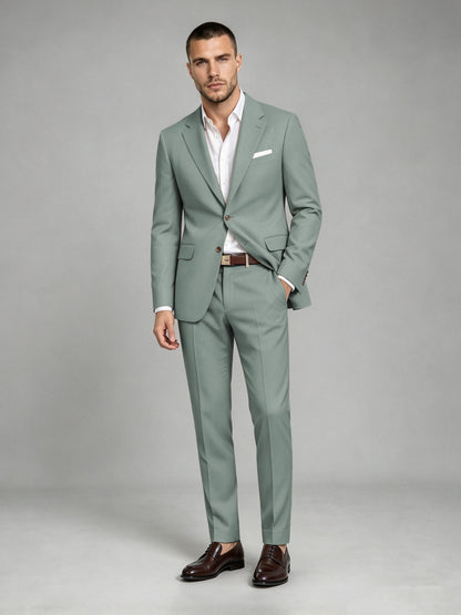Savile Men's Dark Eucalyptus Wool-Blend 2-Piece Suit Set – Two-Button Notch Lapel Slim-Fit Blazer & Turn-Up Trousers - Eucalyptus