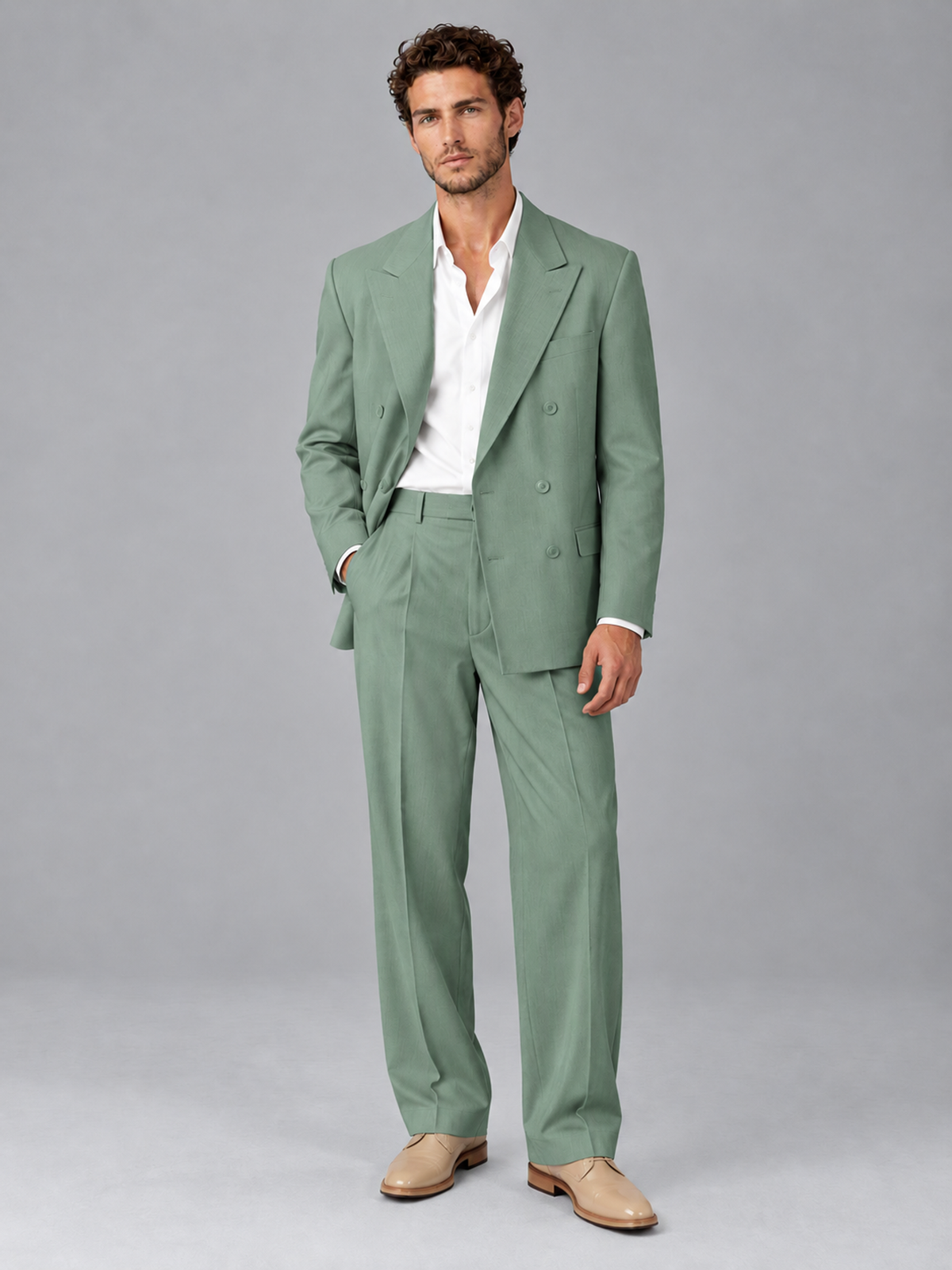 Savile Eucalyptus Beige Double-Breasted 2-Piece Suit with Peak Lapel - Eucalyptus