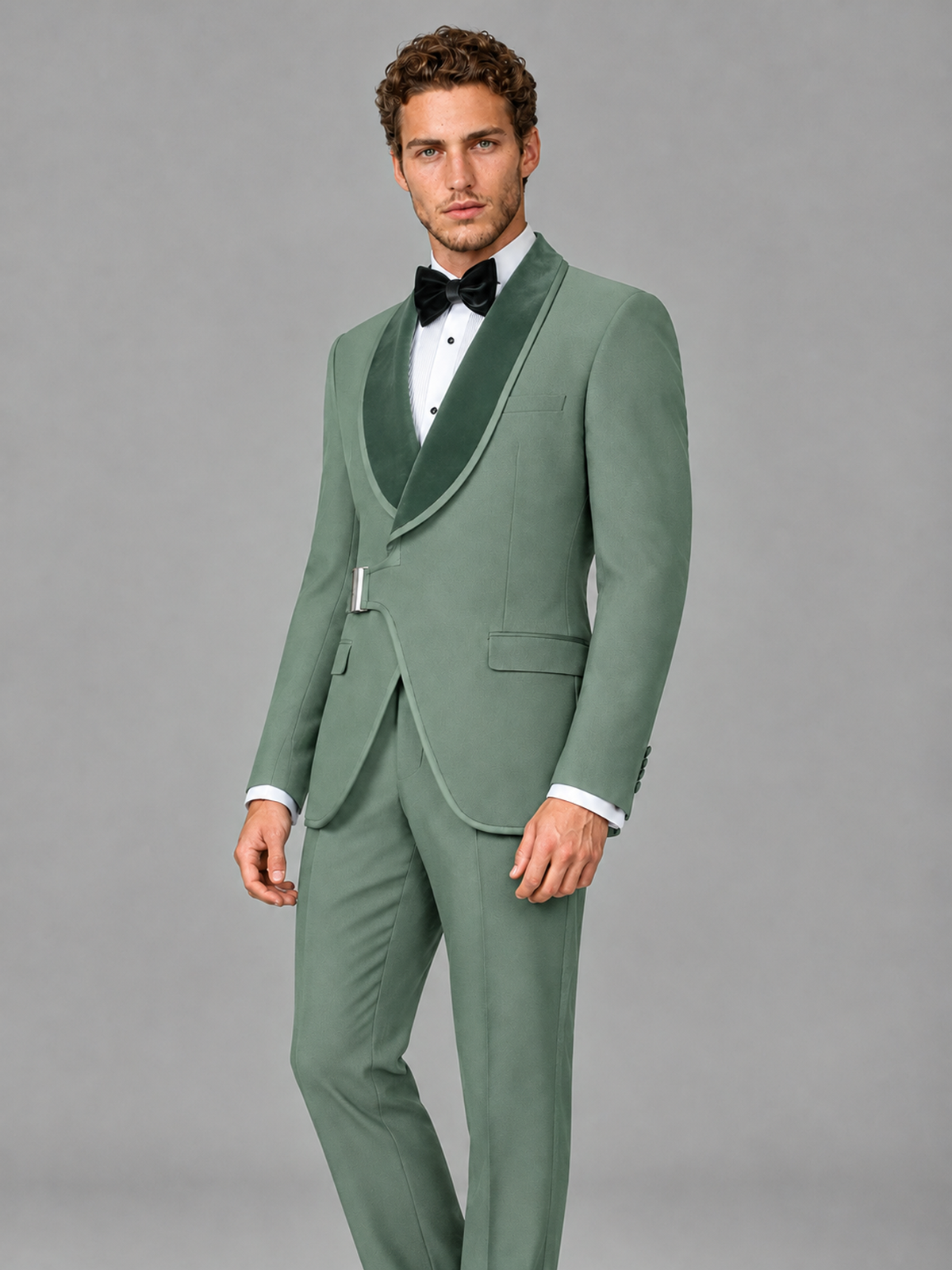 Savile Men's Eucalyptus Velvet Shawl Lapel Tuxedo Suit – Modern Side-Buckle Dinner Jacket & Trousers 2-Piece Set - Eucalyptus