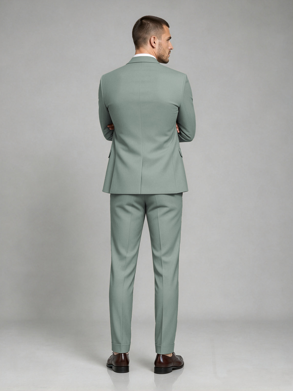 Savile Men's Dark Eucalyptus Wool-Blend 2-Piece Suit Set – Two-Button Notch Lapel Slim-Fit Blazer & Turn-Up Trousers - Eucalyptus