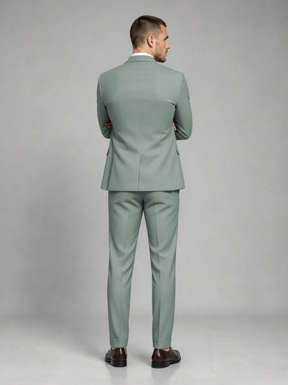 Savile Men's Dark Eucalyptus Wool-Blend 2-Piece Suit Set – Two-Button Notch Lapel Slim-Fit Blazer & Turn-Up Trousers - Eucalyptus