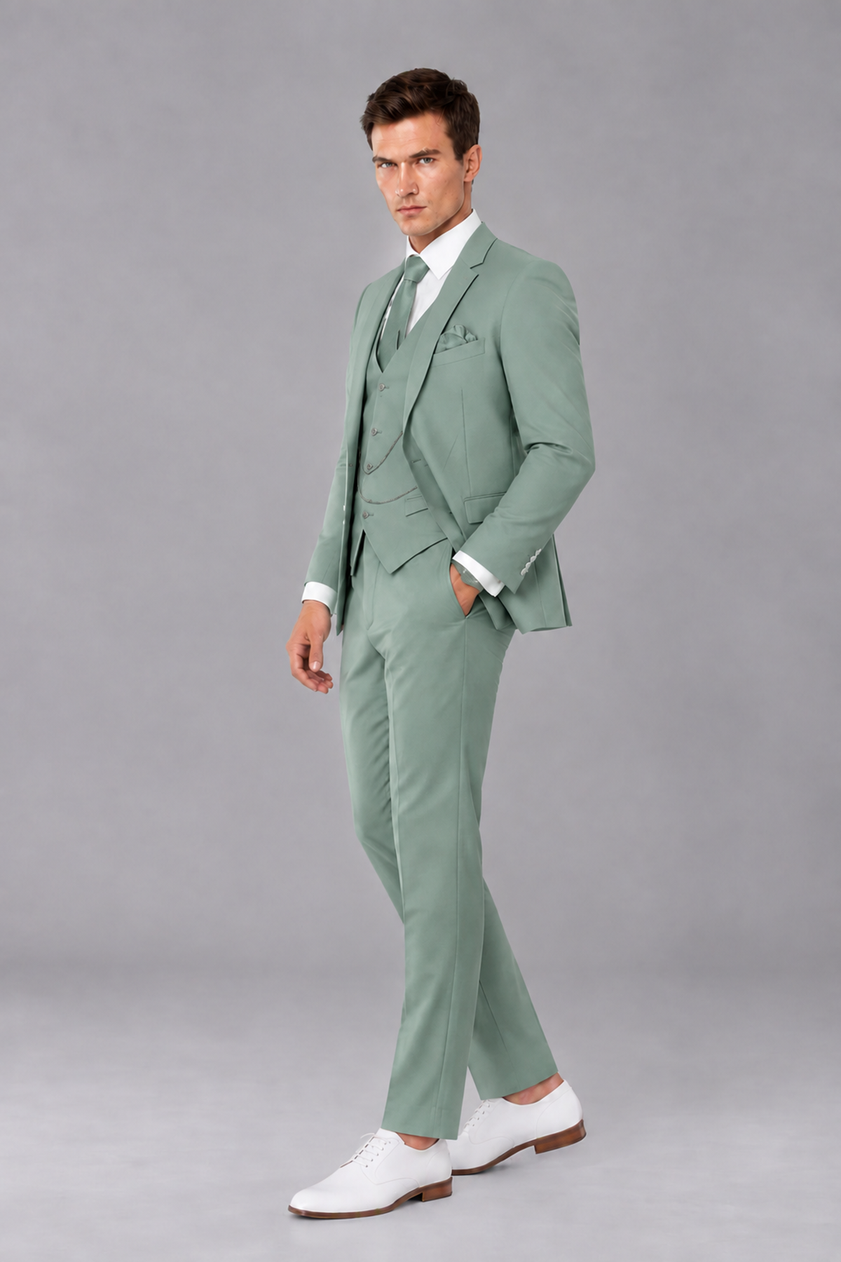 Savile Eucalyptus 3-Piece Suit with Notch Lapel & Chain Vest - Eucalyptus
