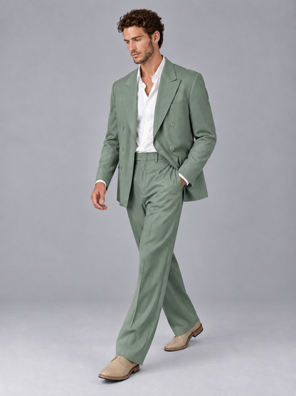 Savile Eucalyptus Beige Double-Breasted 2-Piece Suit with Peak Lapel - Eucalyptus