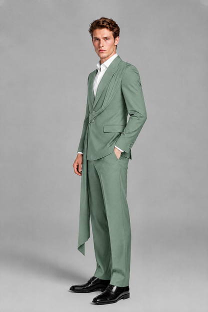 Men's Eucalyptus Draped Sash Suit – Peak Lapel 2-Piece Slim Fit Party, Gala & Wedding Set - Eucalyptus