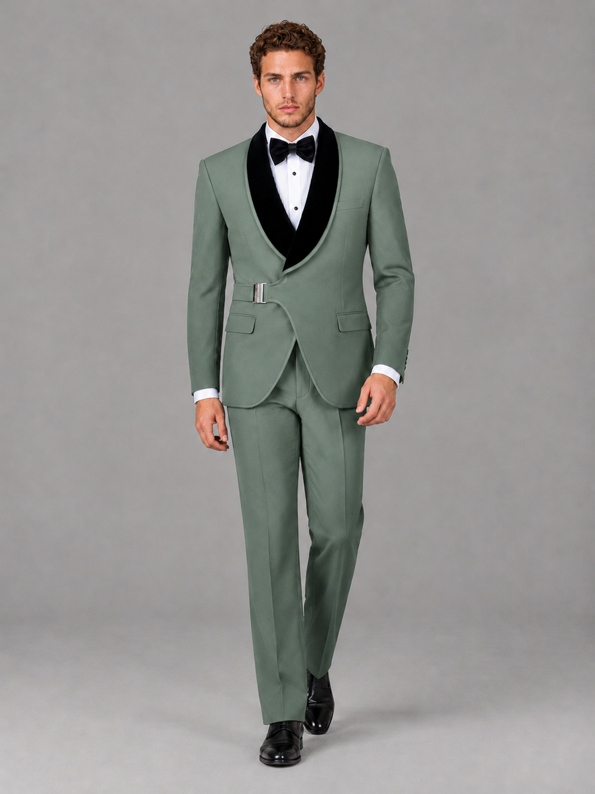 Savile Men's Eucalyptus Velvet Shawl Lapel Tuxedo Suit – Modern Side-Buckle Dinner Jacket & Trousers 2-Piece Set - Eucalyptus