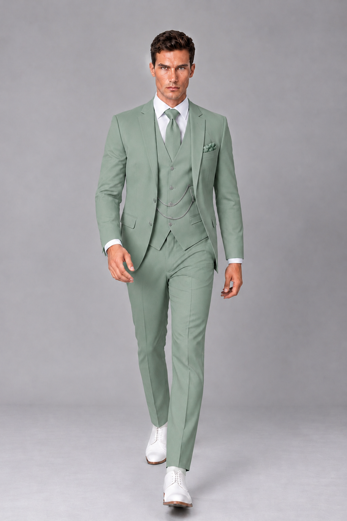 Savile Eucalyptus 3-Piece Suit with Notch Lapel & Chain Vest - Eucalyptus