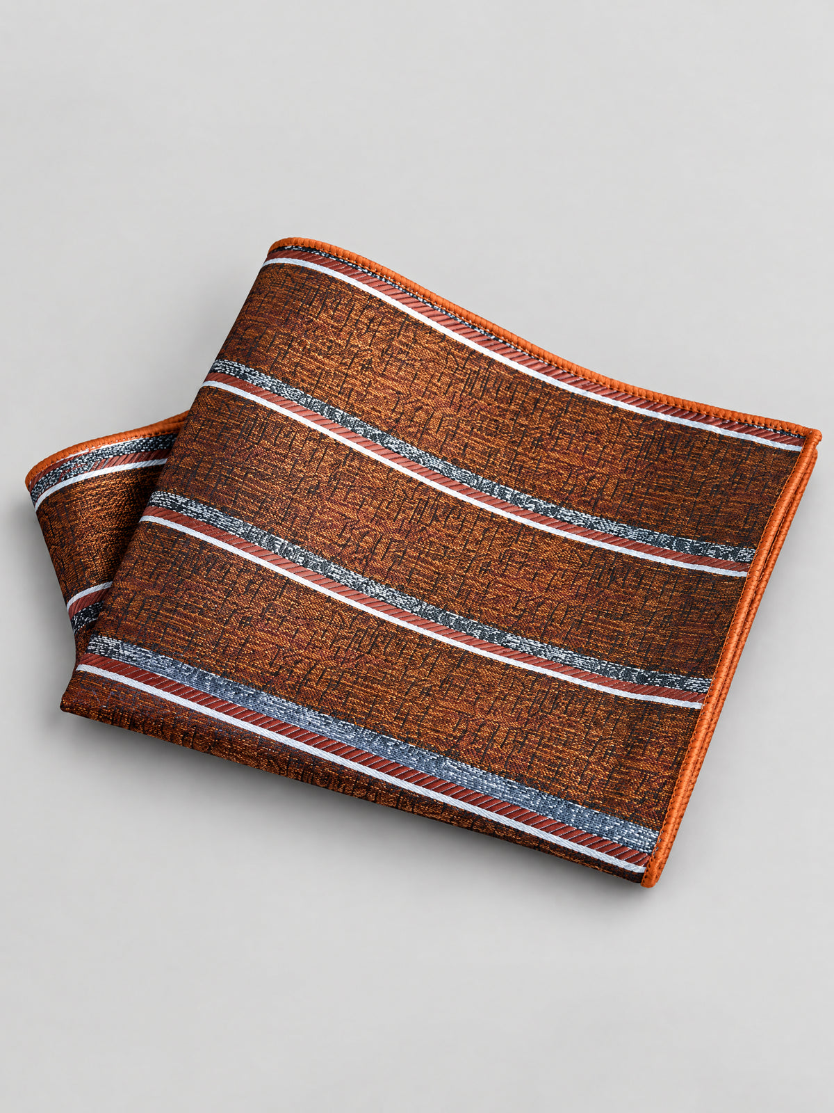 Savile Men's Brown Striped Jacquard Pocket Square - Flat Presidential Fold Hero View