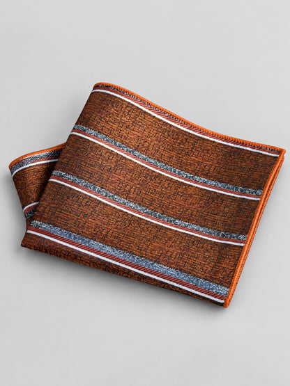 Savile Men's Brown Striped Jacquard Pocket Square - Flat Presidential Fold Hero View