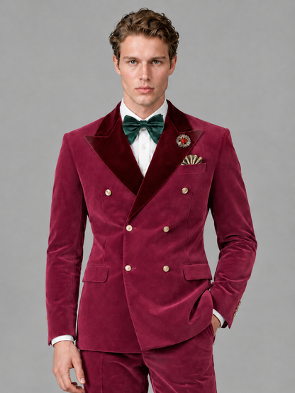 Savile Men's Fuchsia Velvet Double-Breasted 2-Piece Tuxedo Suit with Burgundy Peak Lapel - Fuchsia
