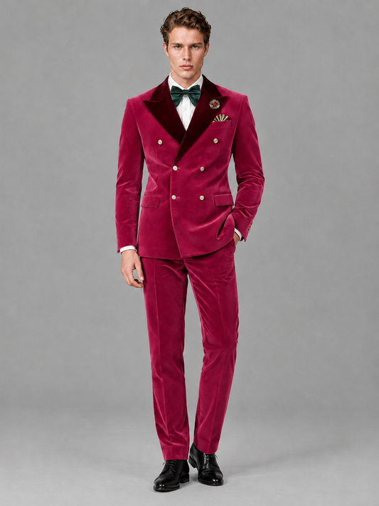 Savile Men's Fuchsia Velvet Double-Breasted 2-Piece Tuxedo Suit with Burgundy Peak Lapel - Fuchsia