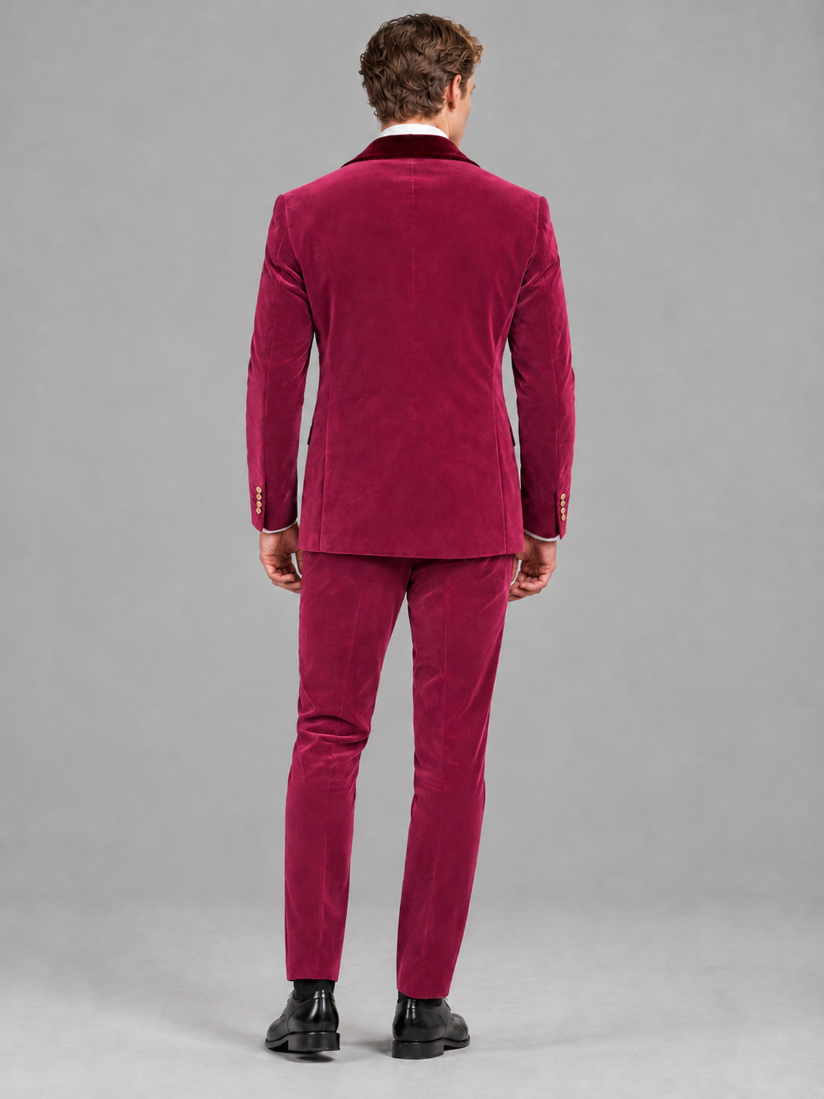 Savile Men's Fuchsia Velvet Double-Breasted 2-Piece Tuxedo Suit with Burgundy Peak Lapel - Fuchsia