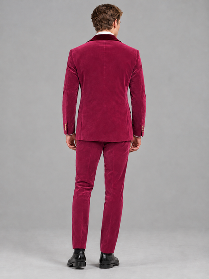 Savile Men's Fuchsia Velvet Double-Breasted 2-Piece Tuxedo Suit with Burgundy Peak Lapel - Fuchsia
