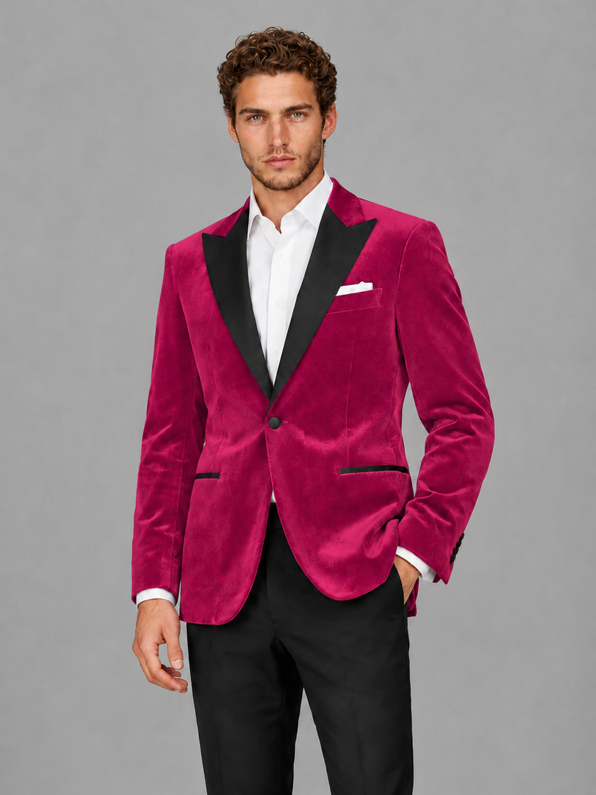 Savile Men's Fuchsia Velvet Peak Lapel 2-Piece Tuxedo Suit Set | Jacket & Trousers - Fuchsia