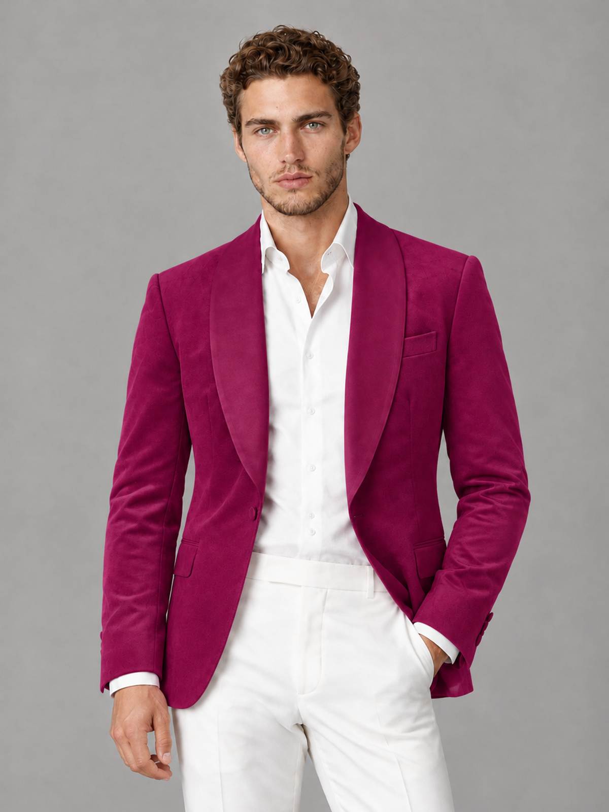 Savile Men's Fuchsia Velvet Shawl Lapel 2-Piece Tuxedo Suit Set | Jacket & White Trousers - Fuchsia - Fuchsia (1)