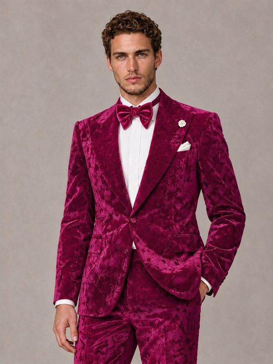 Savile Men's Fuchsia Crushed Velvet Peak Lapel 2-Piece Suit Set | Jacket & Trousers - Fuchsia - Fuchsia (1)
