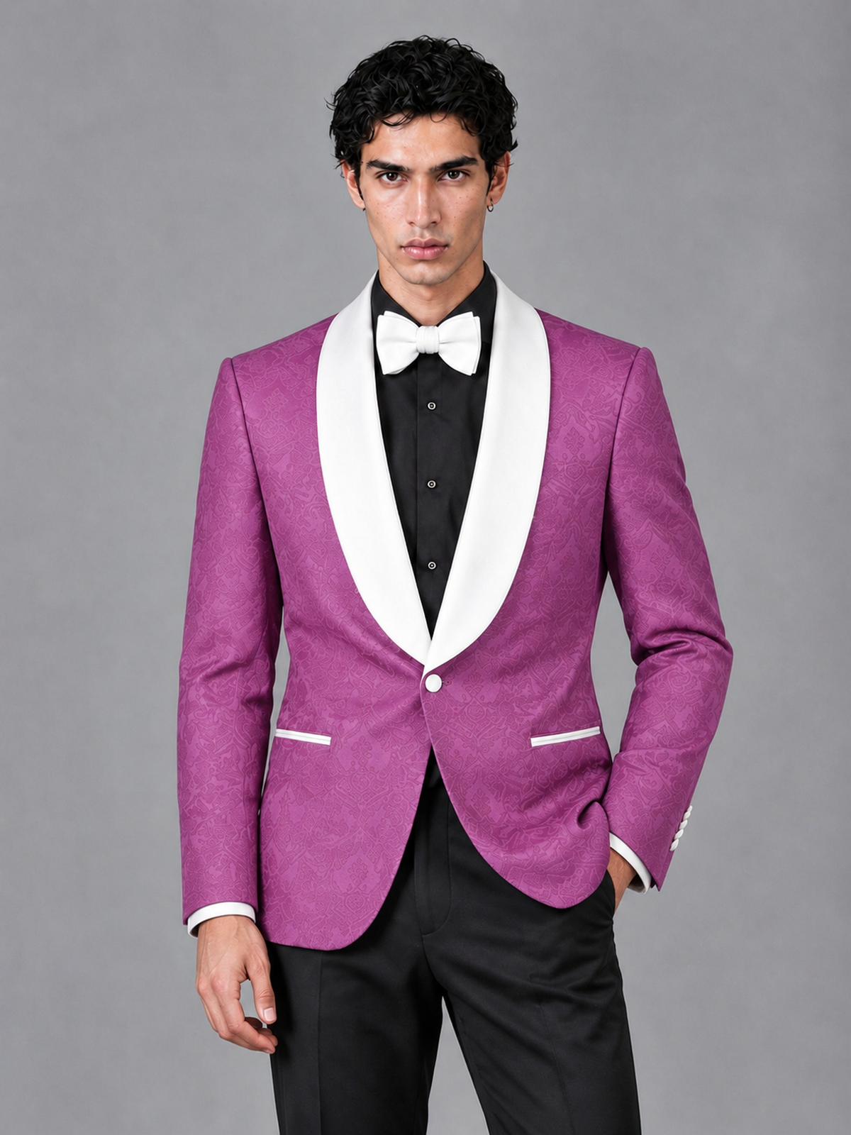 Savile Men's Fuchsia Jacquard White Shawl Lapel 2-Piece Tuxedo Suit Set | Jacket & Trousers - Fuchsia - Fuchsia (1)
