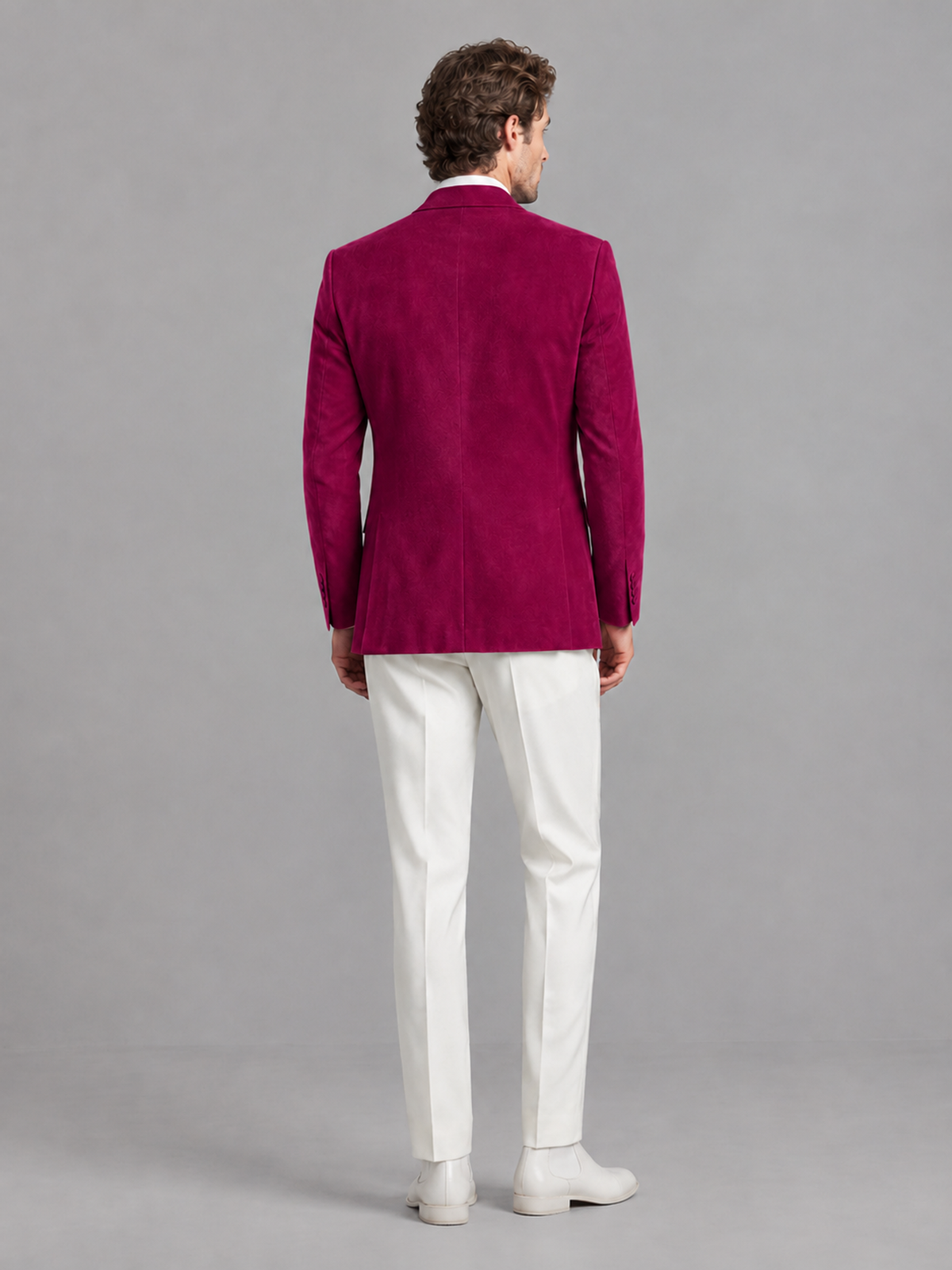 Savile Men's Fuchsia Velvet Shawl Lapel 2-Piece Tuxedo Suit Set | Jacket & White Trousers - Fuchsia - Fuchsia (2)