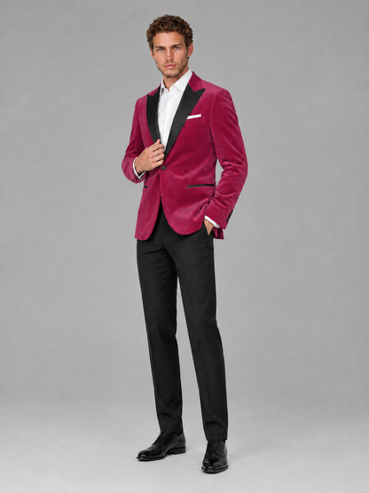 Savile Men's Fuchsia Velvet Peak Lapel 2-Piece Tuxedo Suit Set | Jacket & Trousers - Fuchsia