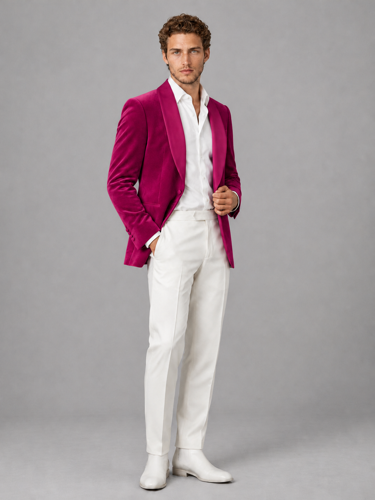 Savile Men's Fuchsia Velvet Shawl Lapel 2-Piece Tuxedo Suit Set | Jacket & White Trousers - Fuchsia - Fuchsia (3)