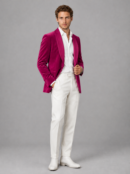 Savile Men's Fuchsia Velvet Shawl Lapel 2-Piece Tuxedo Suit Set | Jacket & White Trousers - Fuchsia - Fuchsia (3)