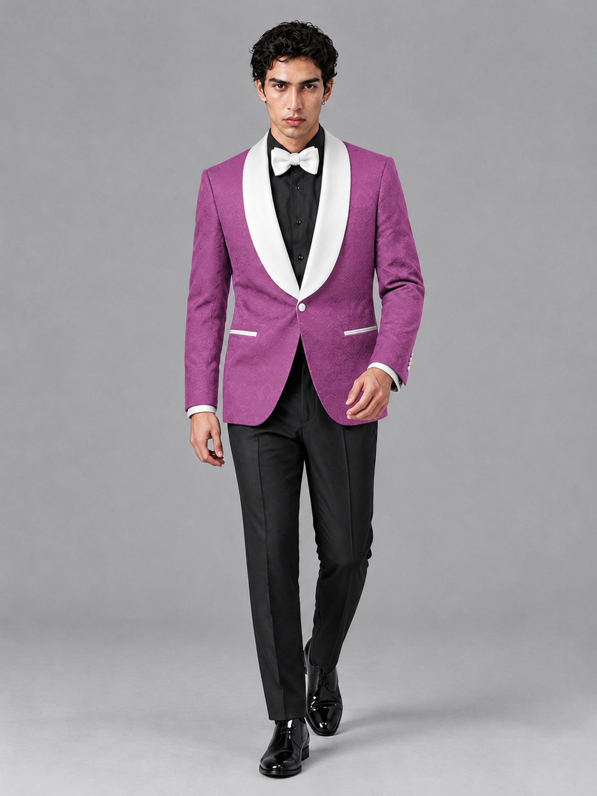 Savile Men's Fuchsia Jacquard White Shawl Lapel 2-Piece Tuxedo Suit Set | Jacket & Trousers - Fuchsia - Fuchsia (3)