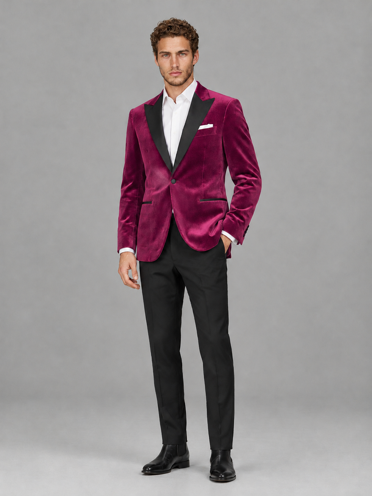 Savile Men's Fuchsia Velvet Peak Lapel 2-Piece Tuxedo Suit Set | Jacket & Trousers - Fuchsia