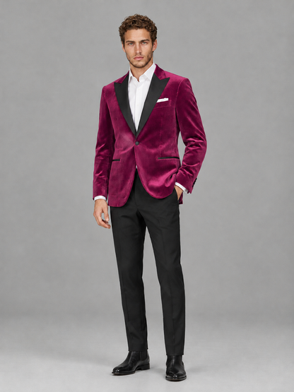 Savile Men's Fuchsia Velvet Peak Lapel 2-Piece Tuxedo Suit Set | Jacket & Trousers - Fuchsia